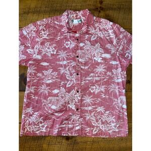 Mens Two Palms Made in Hawaii Vintage Faded Red White Tropical Hawaiian Shirt XL